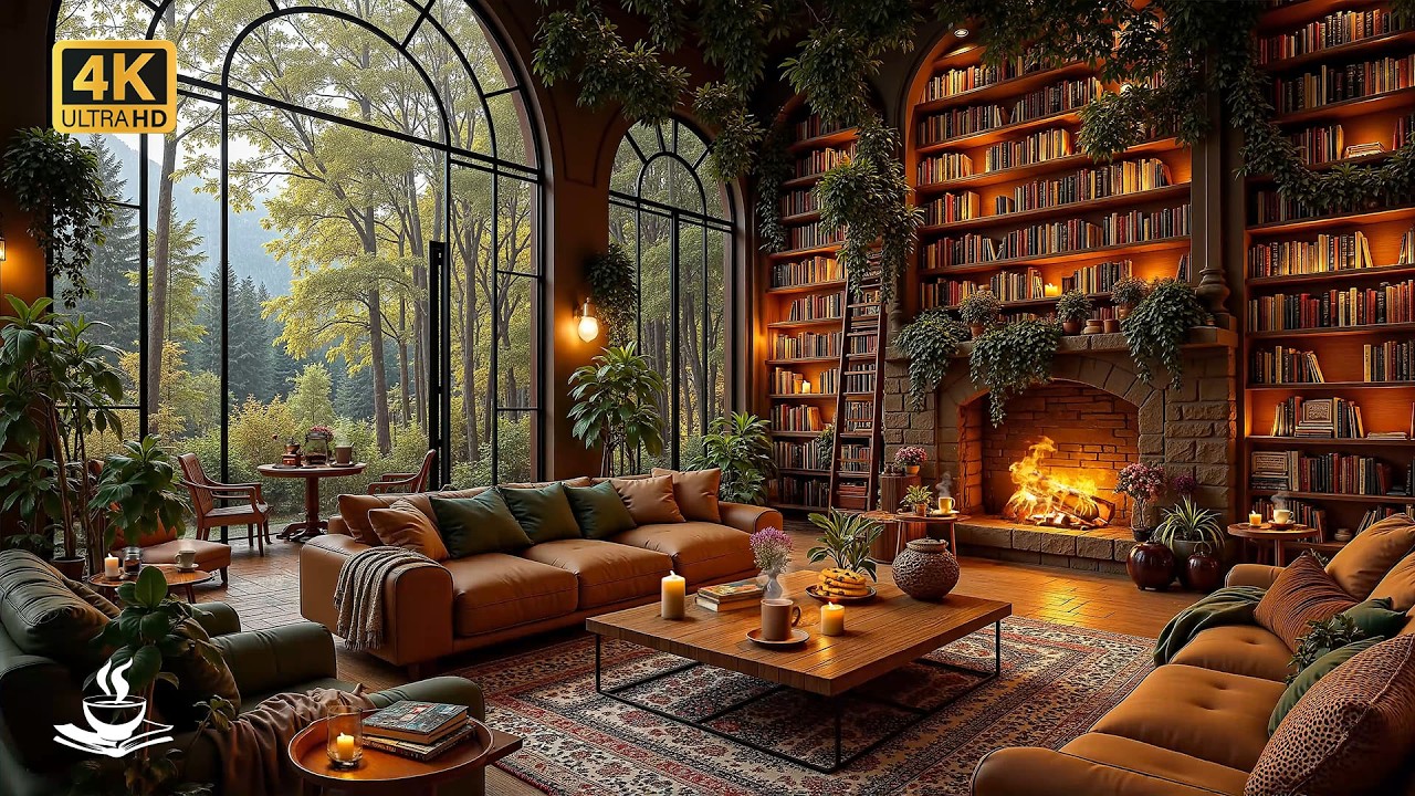Fireside Rainy Library Jazz with Woodland View | Intellectual Focus, Reading Haven & Cozy Serenity