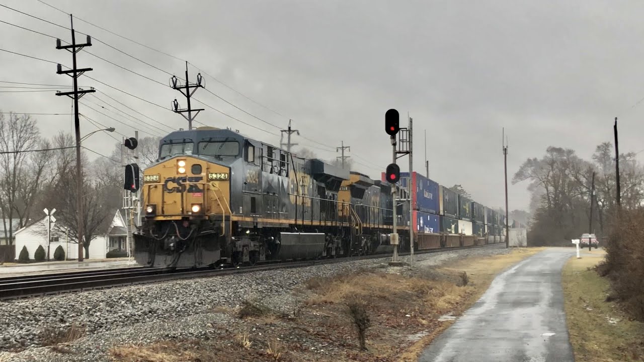 RR Maintenance Equipment Passing Coal Train With DPU!  5 Track Railway Crossing Fast Trains In Rain!