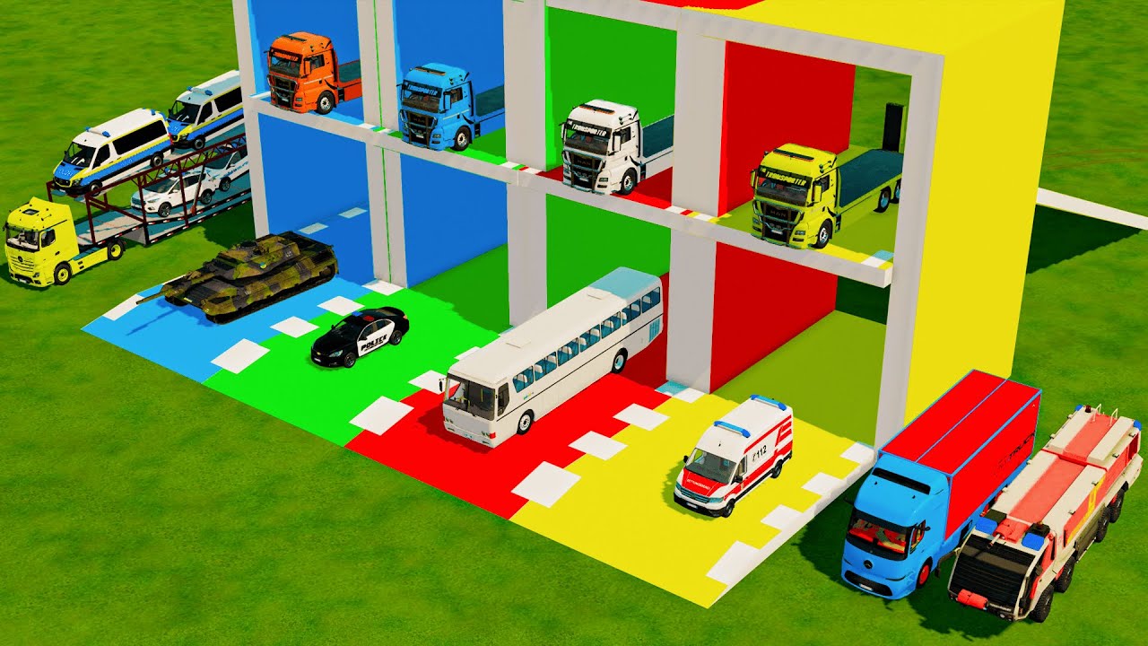 TRANSPORTING MERCEDES MINIBUS, VOLKSWAGEN & FORD POLICE CARS, FIRE TRUCK TO GARAGE - FS22
