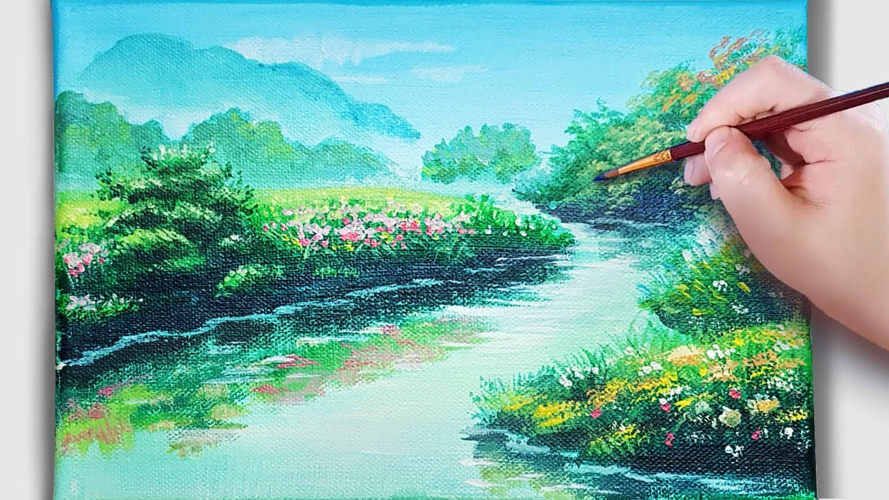 Easy Acrylic painting tutorial for beginner /아크릴화 / how to paint Landscape with flowers / #20