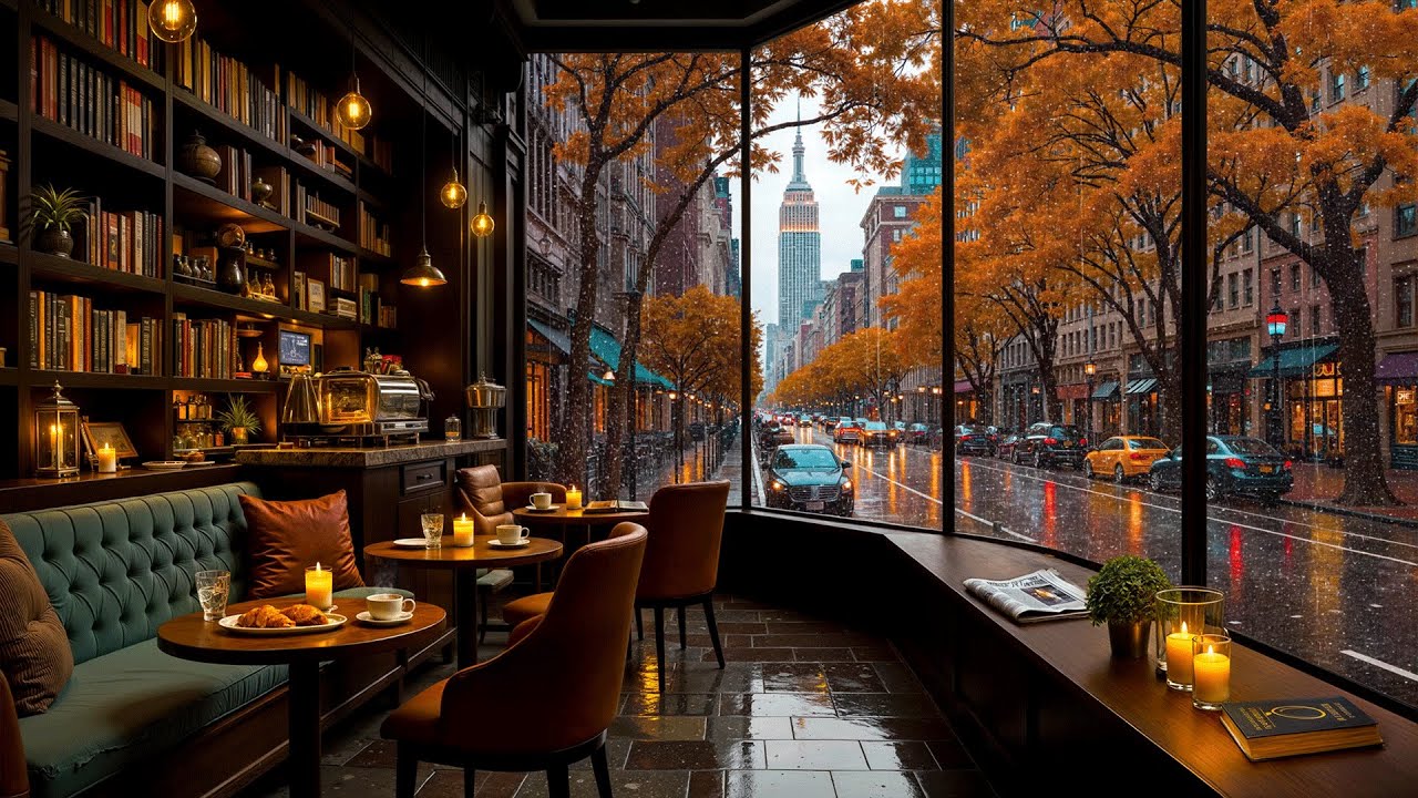 New York Autumn Coffee Shop Ambience 🍂 Warm Jazz Music with Gentle Rain Sounds to Relax, Work, Study