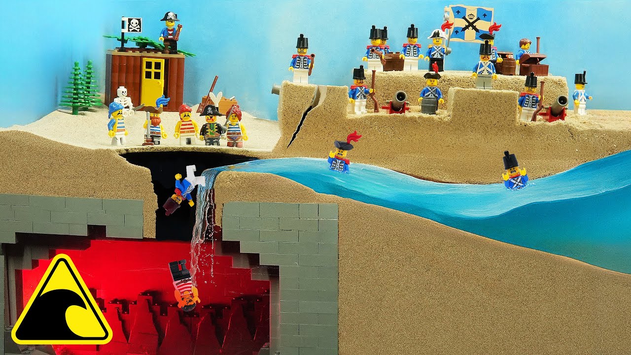 Lego Pirates Fall into Underground Cave - Tsunami Dam Breach Experiment - Pirates vs Soldiers