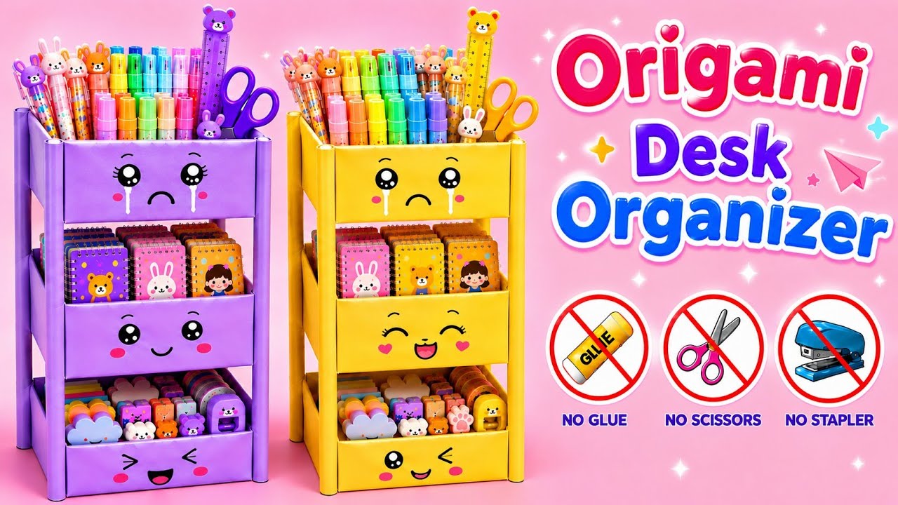 DIY Paper Organizer | No Glue No Scissors Paper Craft for School | Easy Origami Paper Box | Kawaii