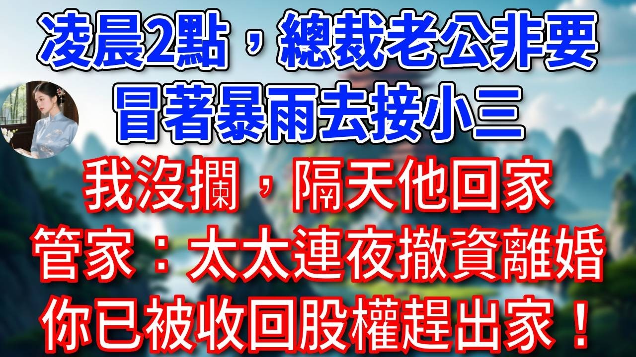 凌晨2點，總裁老公非要冒著暴雨去接小三，我沒攔，隔天他回家，管家不屑地說：太太連夜撤資離婚，你已被收回股權趕出家！他瞬間癱倒在地！#為人處世#生活經驗#情感故事#故事#小說#戀愛#情感#婚姻