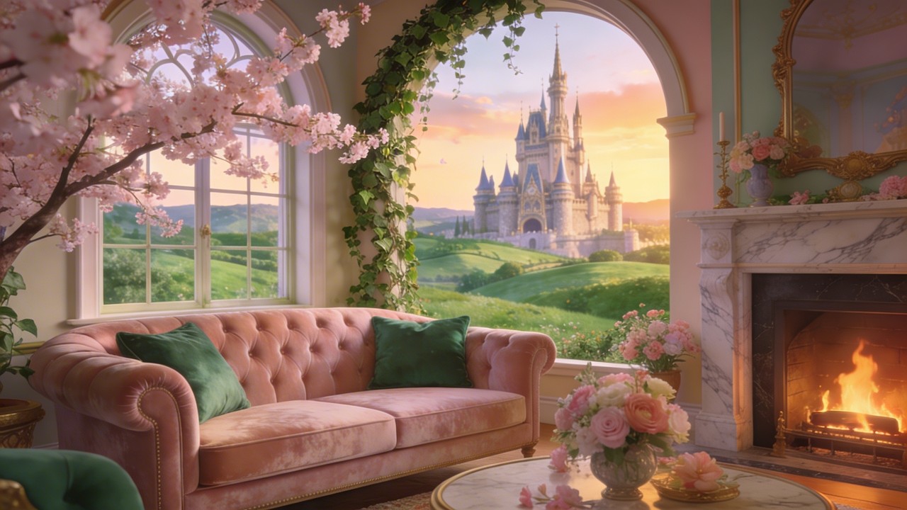Golden Hour Fairytale Castle 🌸 Cozy Fireplace & Soft Piano | 6 Hours Spring Ambience