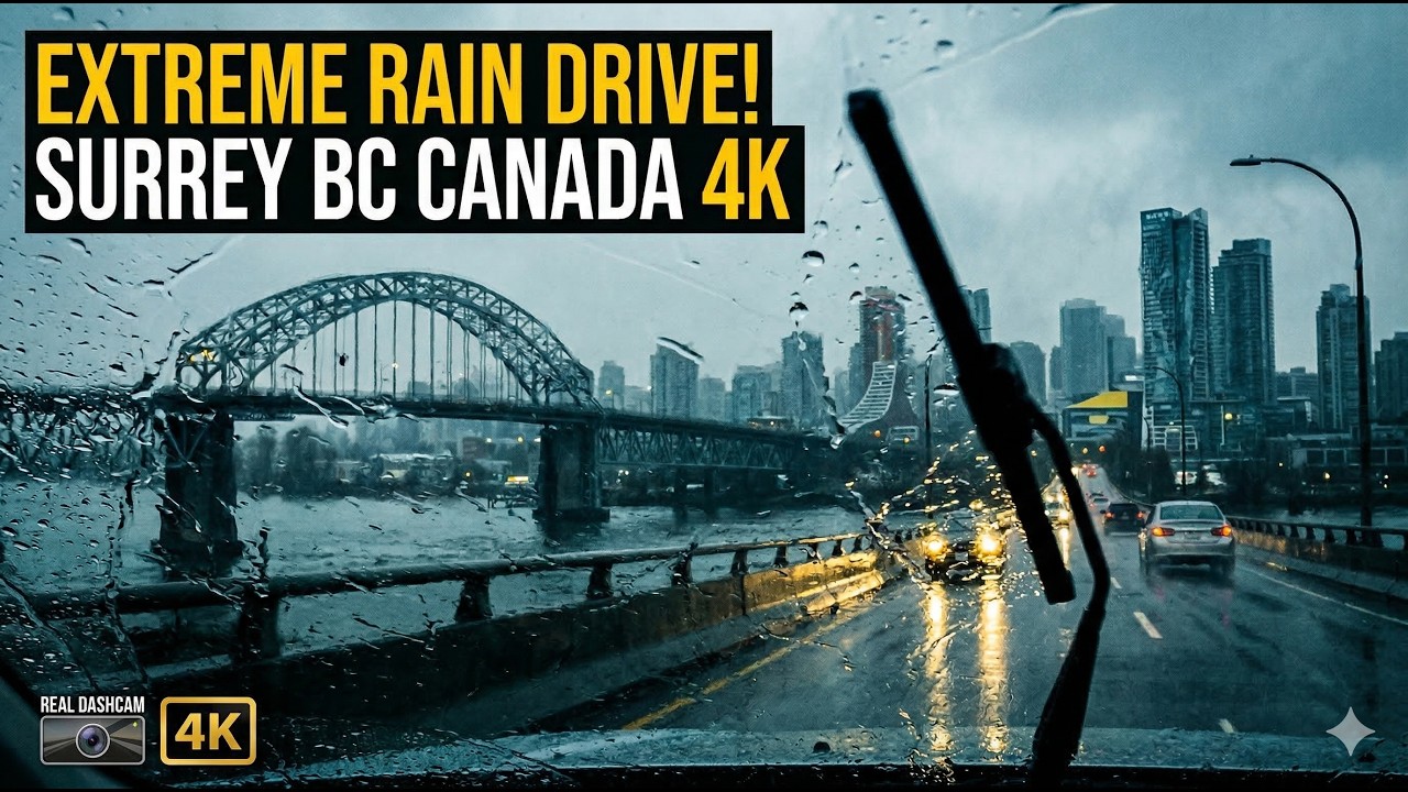 Extreme Rain Drive in Surrey Canada | Real Dashcam Rain Drive 4K | Surrey Streets BC Canada