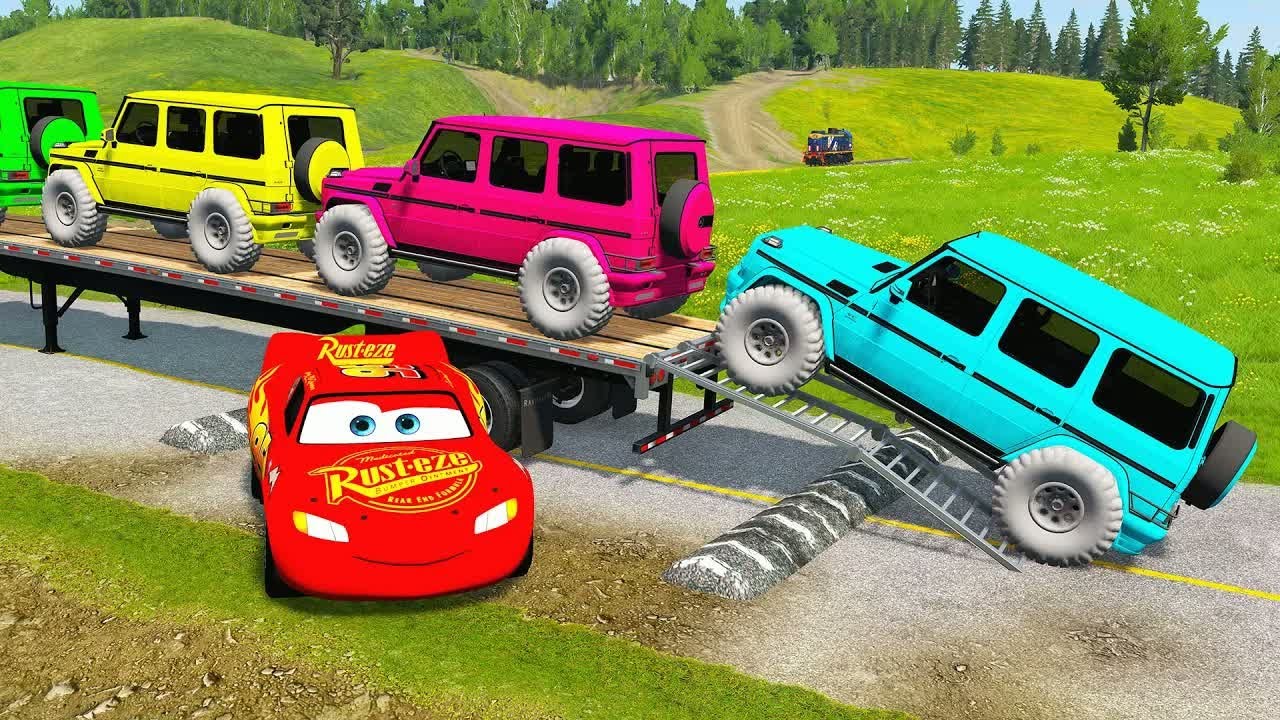 Flatbed Truck McQueen | Transportation with Truck - Pothole vs Car #5 | BeamNG.Drive Gameplay