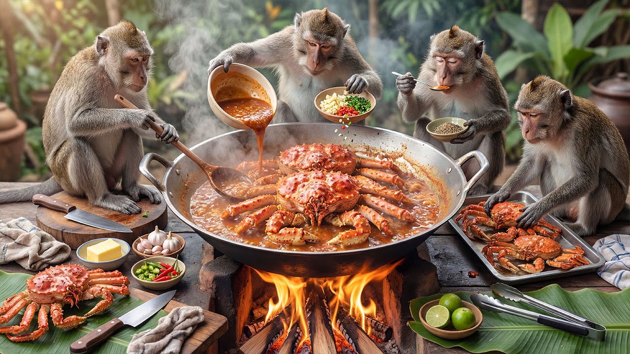🐒🔥 बंदरों ने बनाया मसालेदार केकड़ा करी! | Monkey cooks giant spicy crab curry outdoors