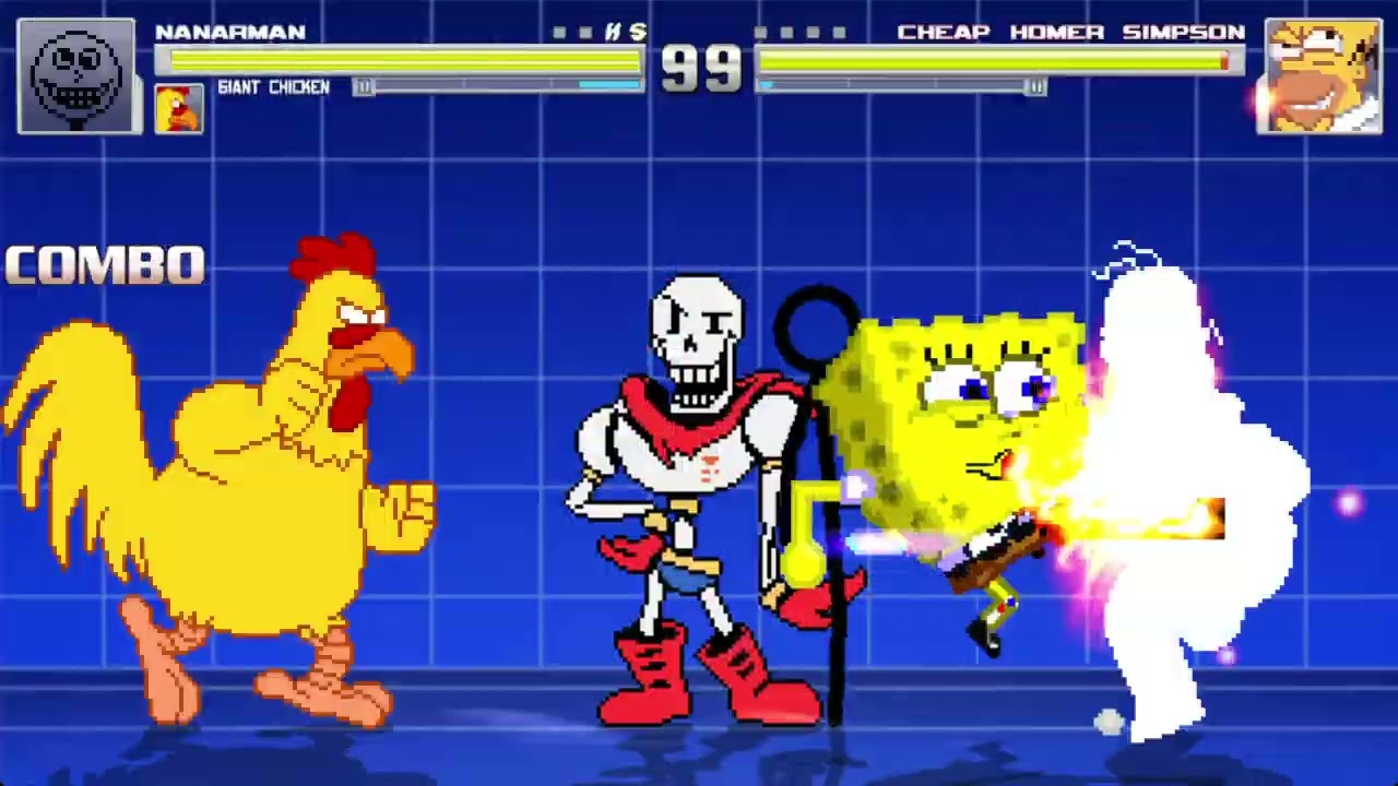 MUGEN Fight | Nanarman, Giant Chicken, Papyrus and Spongebob VS Cheap Homer Simpon (Remake)