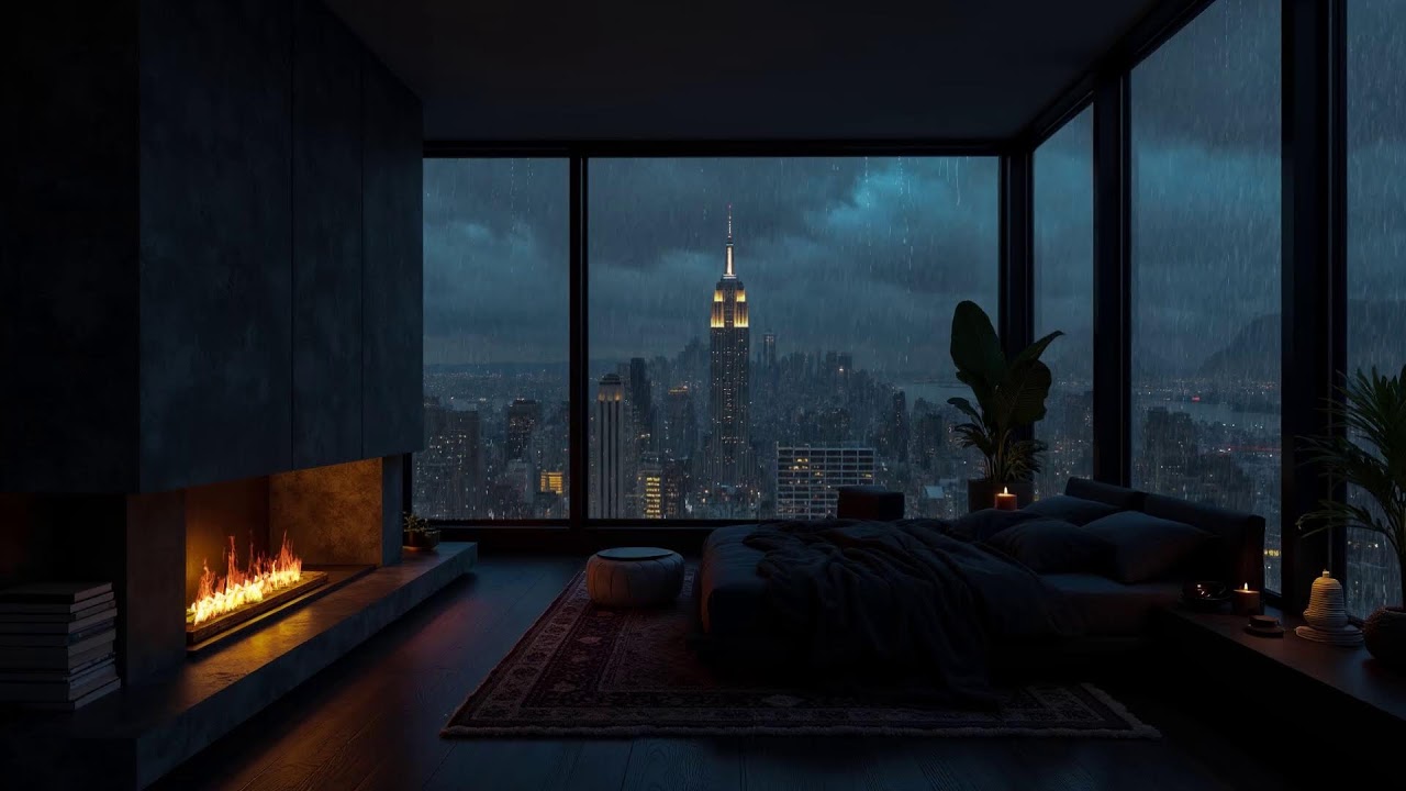 Stormy Night Over New York Skyline 🌩️Soft Rain Sounds & Warm Fireplace Crackling For Sleeping