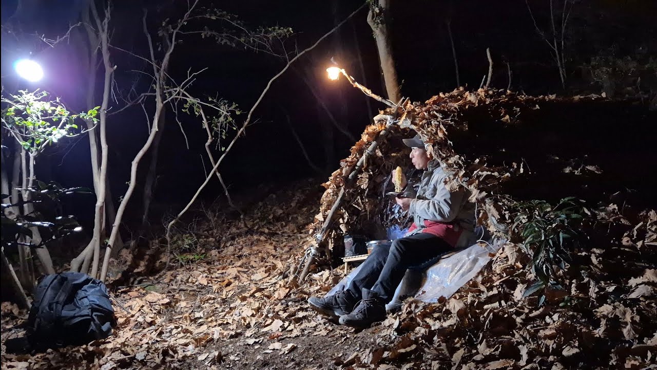 낙엽과 고사목으로 지은 집에서 나홀로 불없이 밥지어 먹고 컵라면 끓여먹고 야생 생존 비박 캠핑 백패킹
