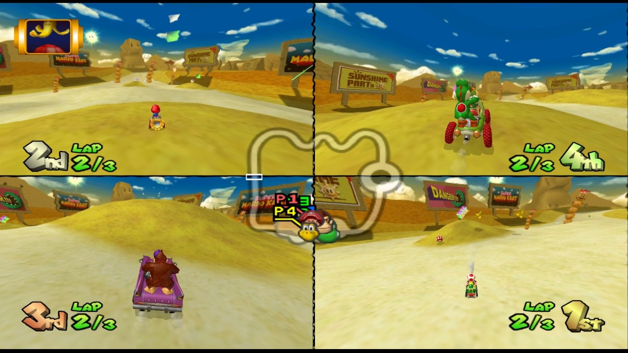 Mario Kart Double Dash!!: Dry Dry Desert 4 player Netplay race 60fps