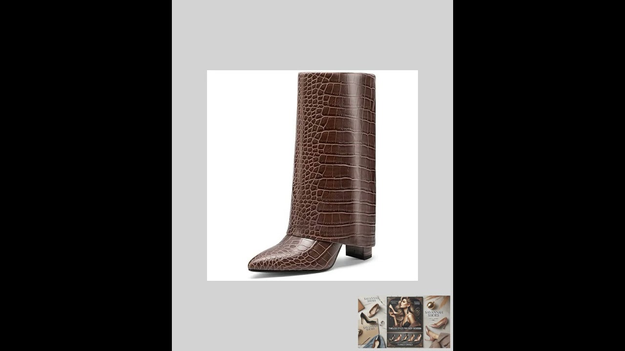 Women's Mid-Calf Boots Fold Over Stylish Croc-Embossed Knee Statement Block Heel