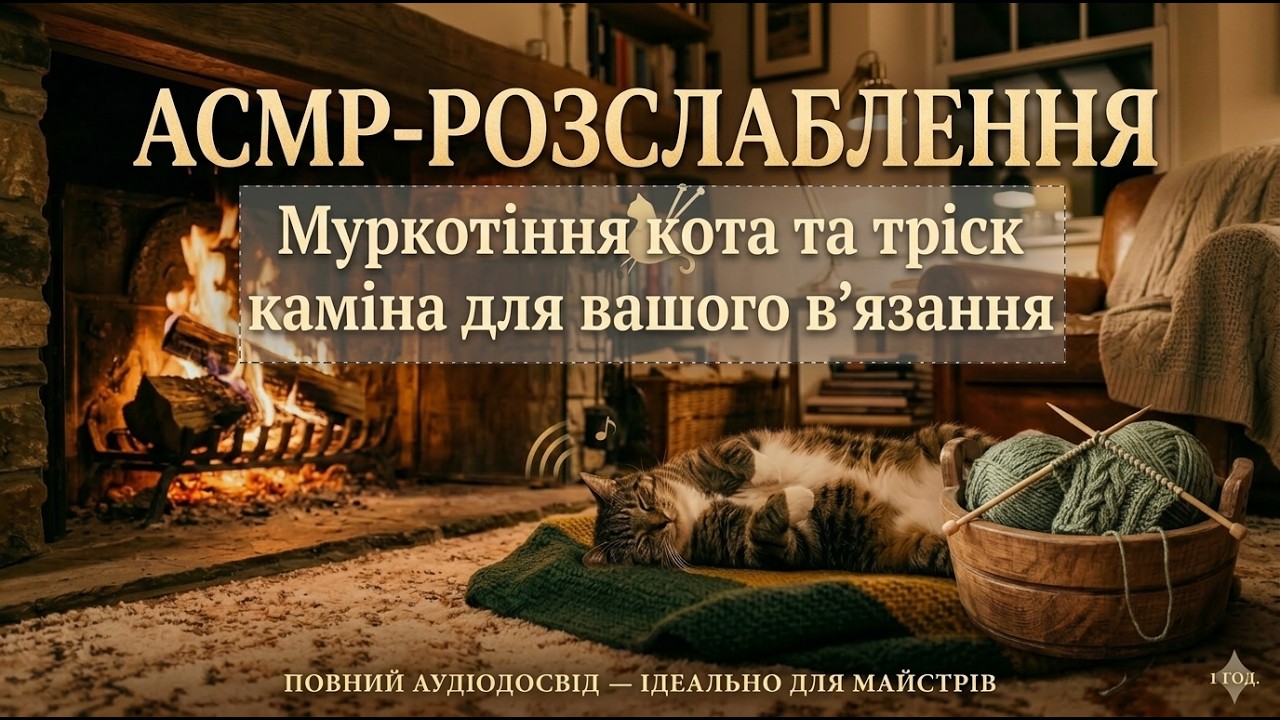 АСМР Релакс: Муркотіння кота та тріск каміна для вашого в’язання