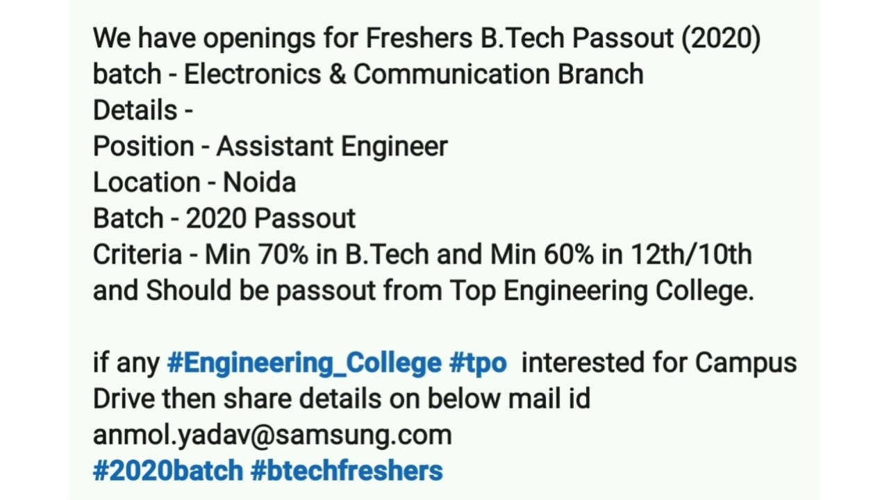We Are Hiring | Samsung Recruitment | B.Tech 2020 passout | Electronics & Communication | Fresher