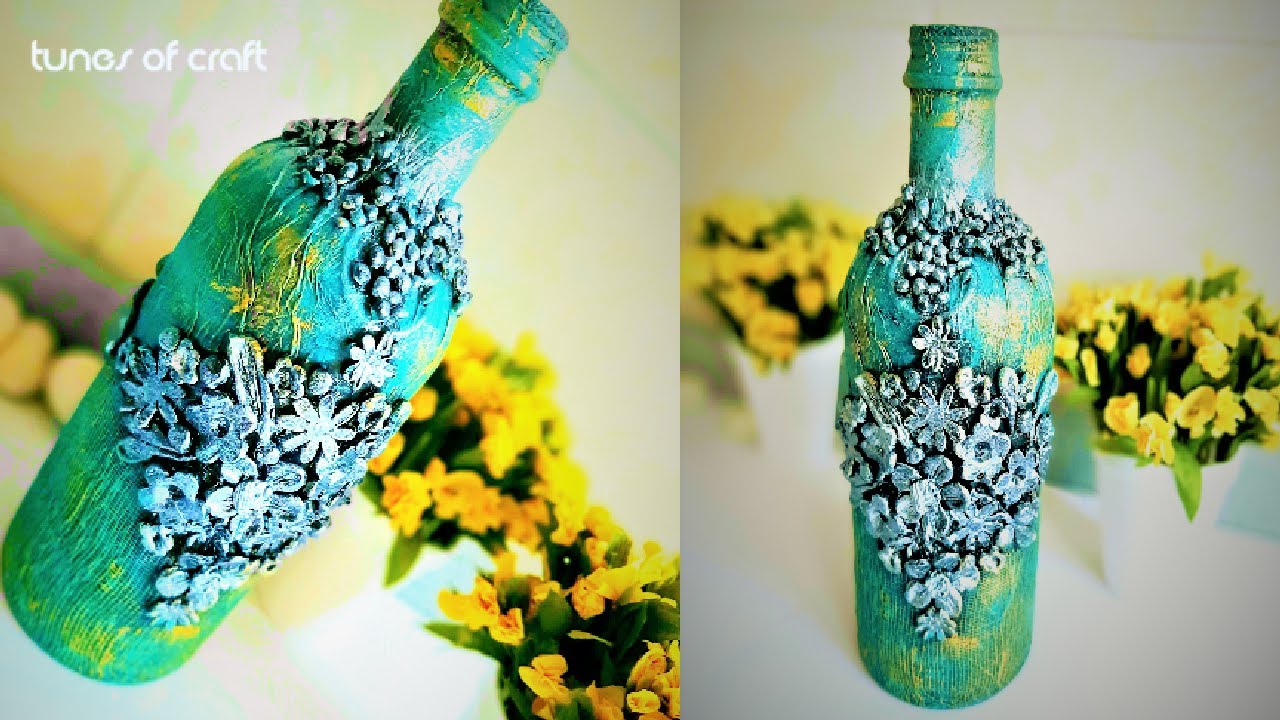 Amazing sparkling Bottle Clay Design | clay Art on Glass Bottle | Air Dry Clay| DIY| Bottle Decor