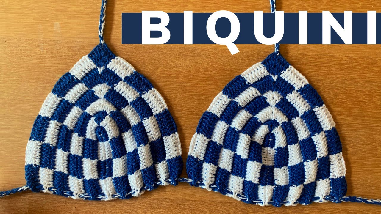 Biquíni xadrez de crochê - biquíni quadriculado - tendência verão - fio conduzido