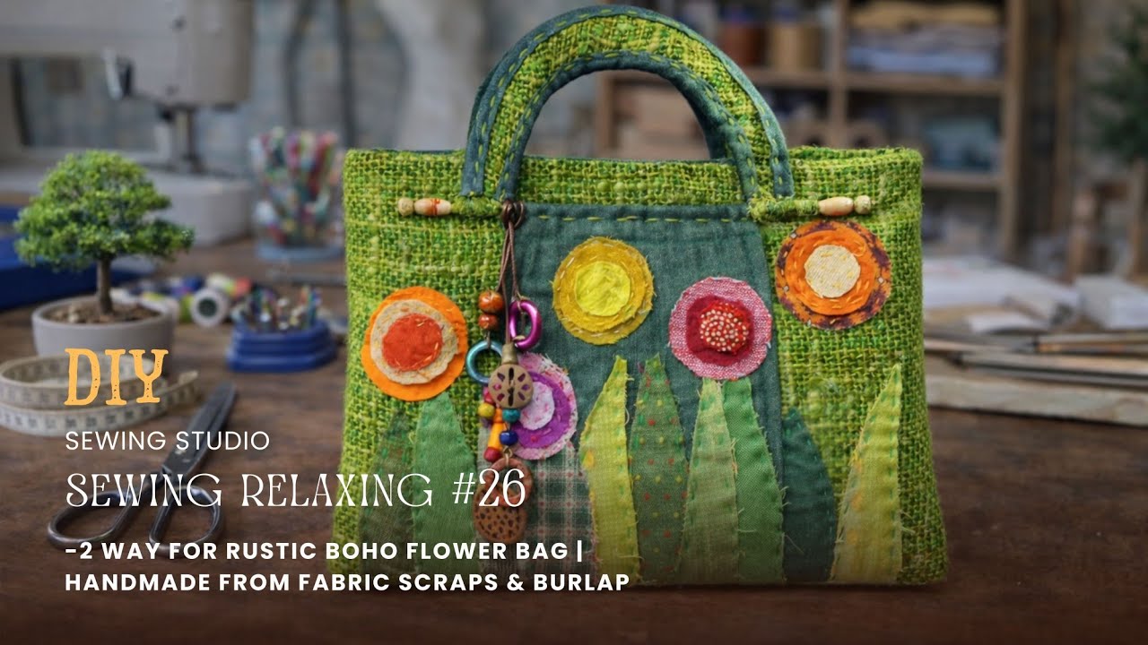 [sewing relaxing]#26 -2 way for Rustic Boho Flower Bag | Handmade from Fabric Scraps & Burlap
