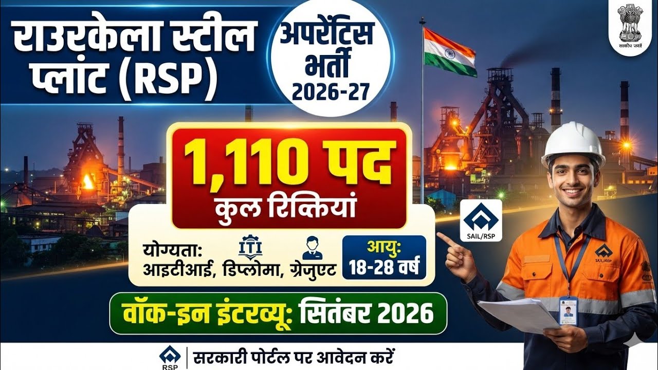 Rourkela Steel Plant Apprenticeship Recruitment 2026 | 1,110 Posts (ITI/Diploma/Degree) Walk-In I...