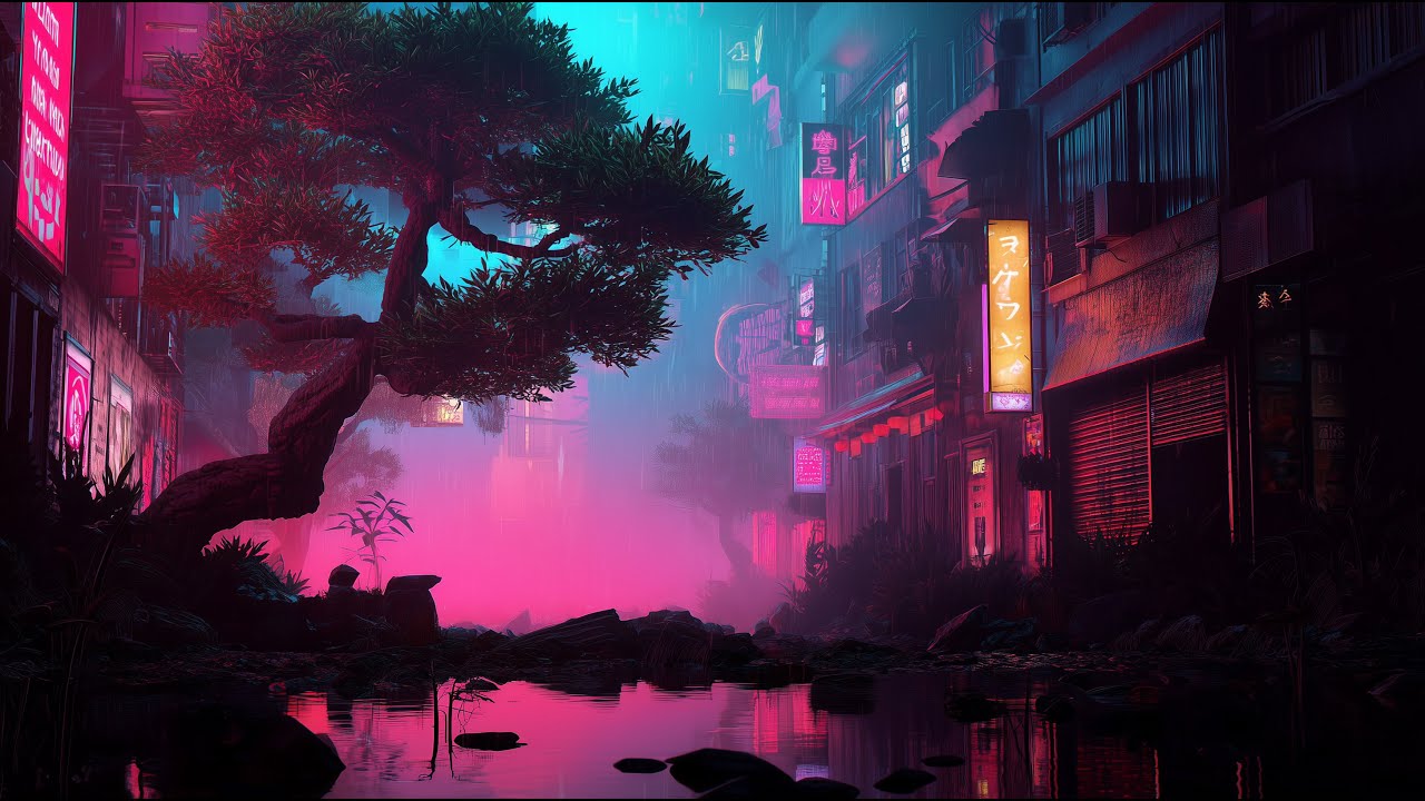 Neon Tree & Cyberpunk Rain 🌿 [4K] Cyberpunk Lofi Hip Hop Mix | Relaxing Night Vibes