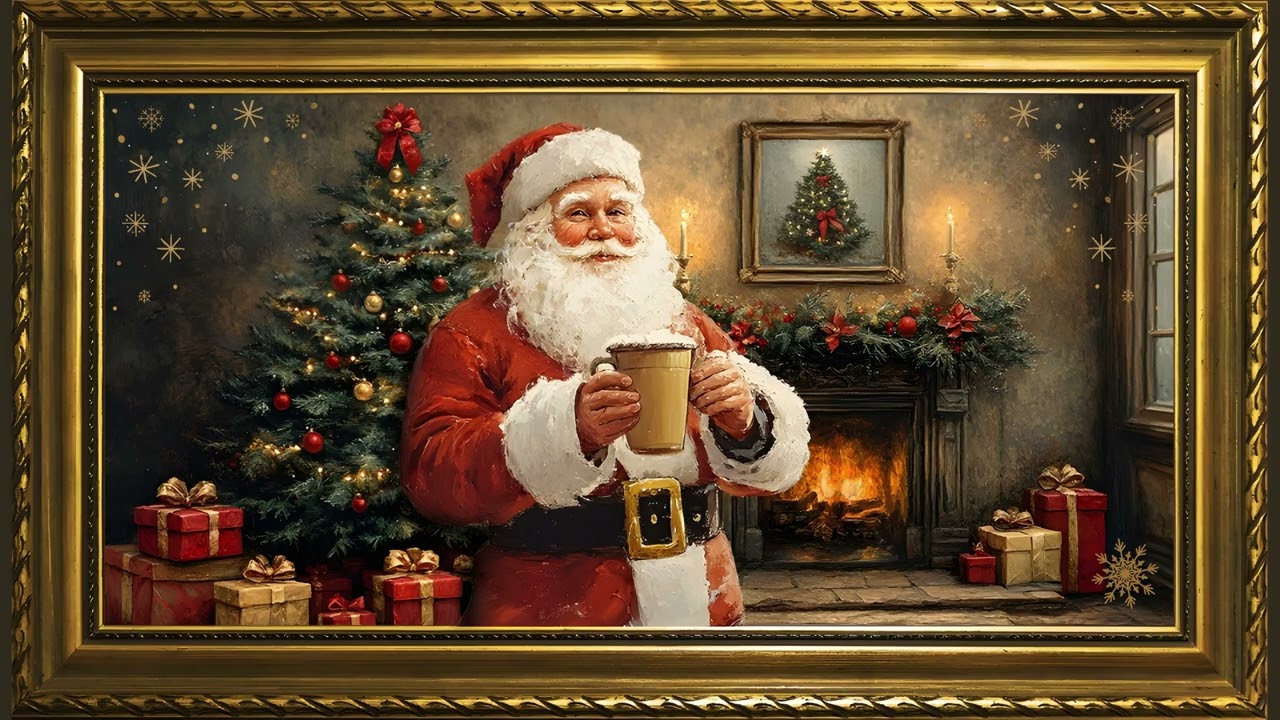 Santa's Visit, Vintage Oil Painting | Framed Christmas TV Art Screensaver with Music
