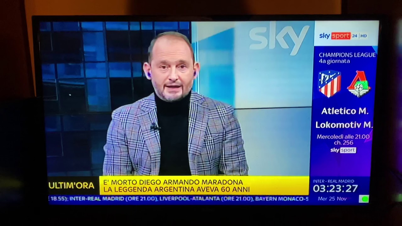 Annuncio Sky morte Diego Armando Maradona. Riposa in pace Dios