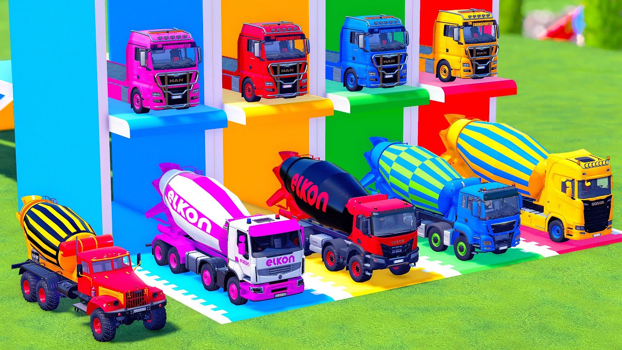 TRANSPORTING ALL COLOR MIXER TRUCK WITH DOUBLE FLATBED TRAILER TRUCK, SCANIA, ELKON, MERCEDES - FS22