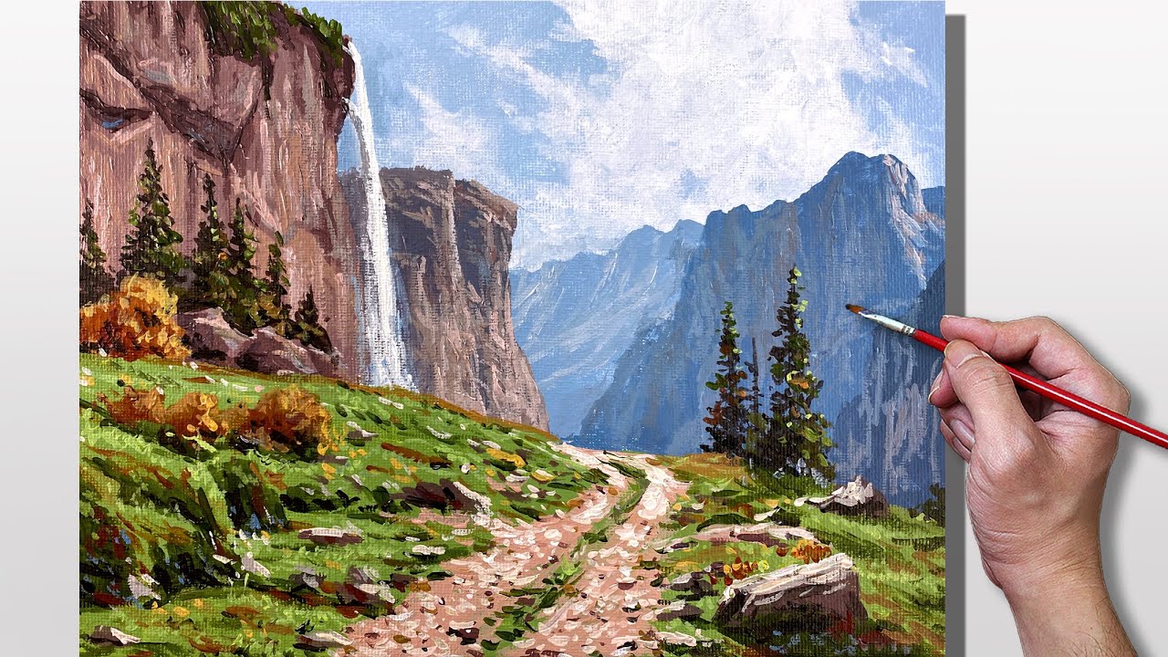 Acrylic Painting Mountain Cliff Waterfalls Landscape