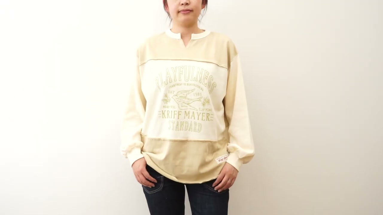 KRIFF MAYER クリフメイヤー サーマル 切替 プリント ロンT 長袖 Tシャツ ヴィンテージ感 カットオフ キーネック 裾ラウンド W2437827