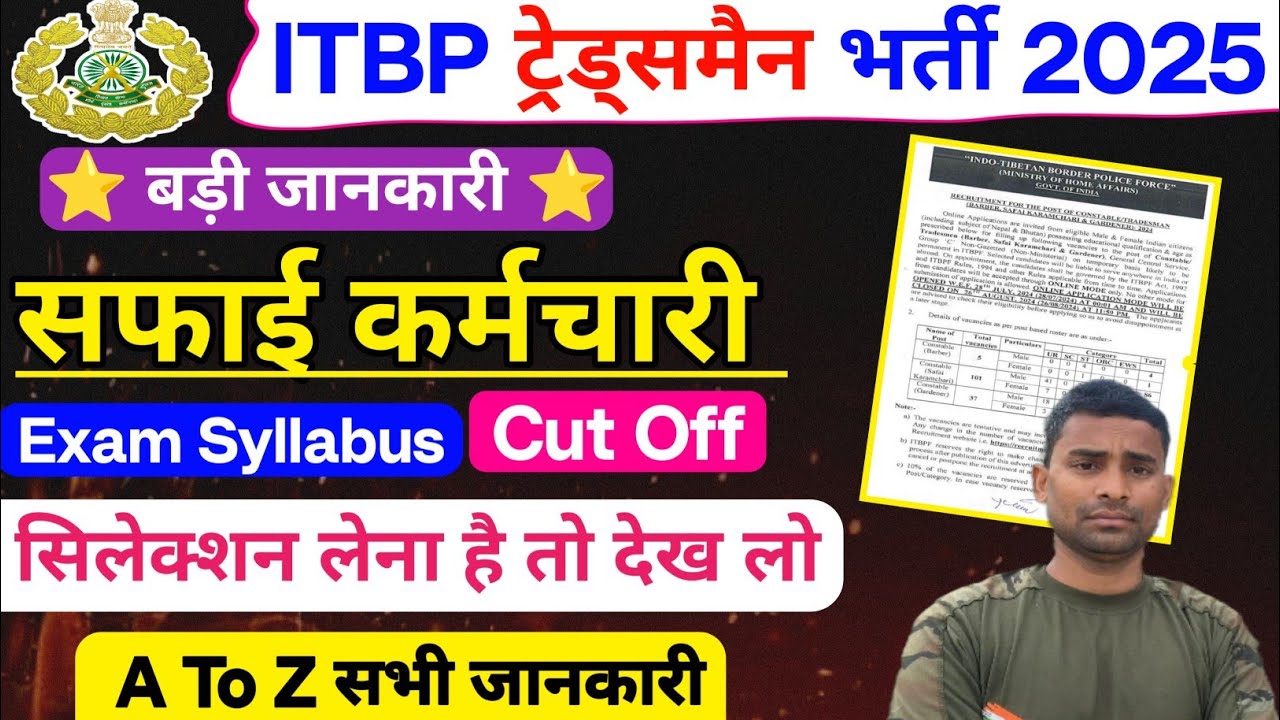 ITBP सफाई कर्मचारी Exam Date 2024 ! ITBP Safae Karmchari Cut Off ! Exam Syllabus Pattern 2024 ITBP 
