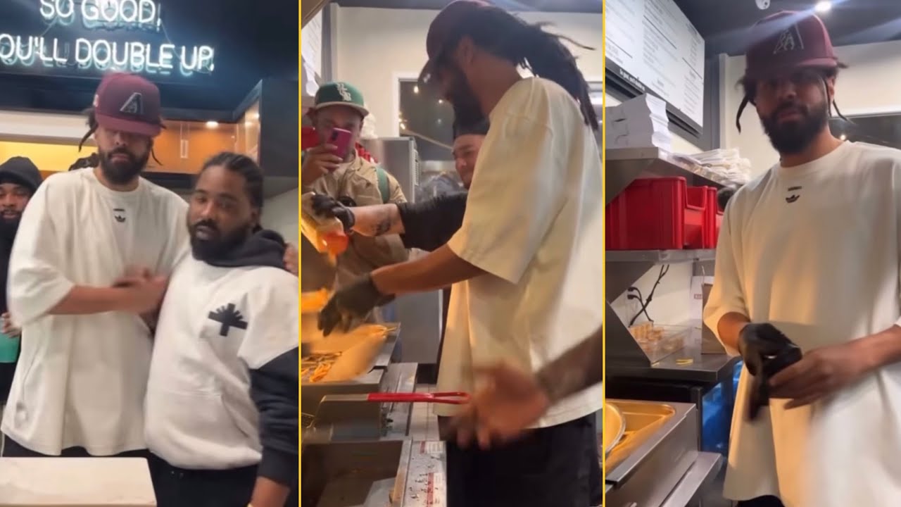 J Cole Visits Nipsey Hussle Brother’s Marathon Burger In LA And Tries To Make Some Burger Himself 