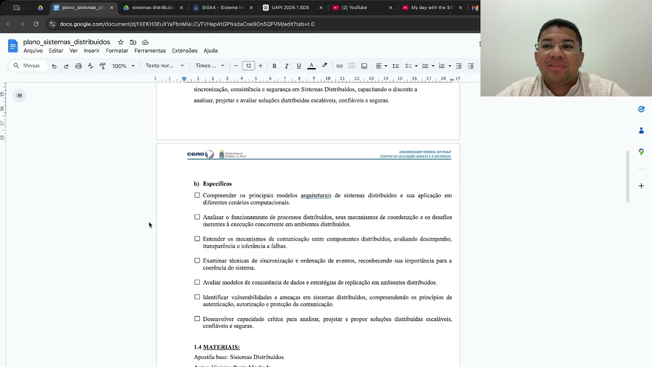 Apresentação do Plano de Ensino da disciplina de Sistemas Distribuídos (2026.1)