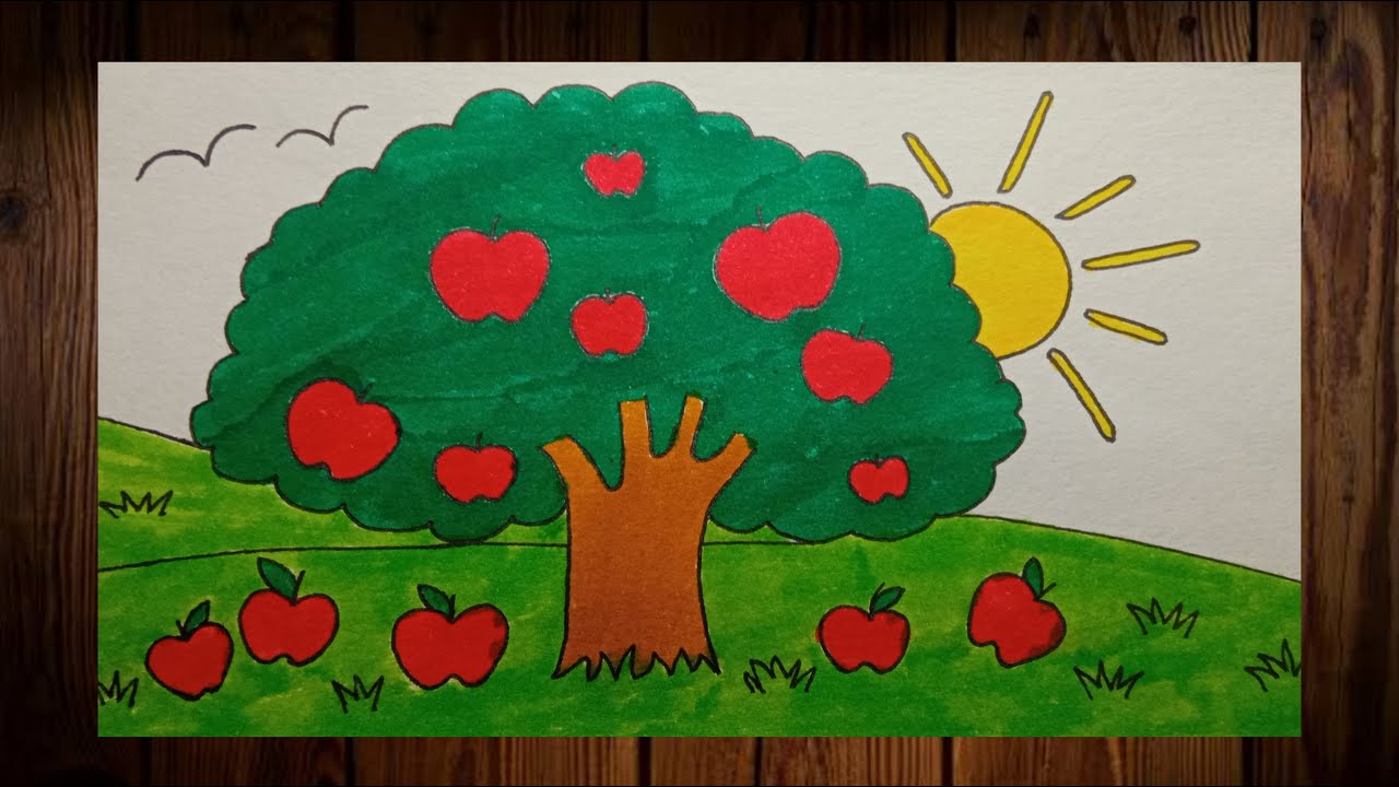 How to draw 🌳🍎 apple tree with fruits | Nature Scenery Drawing