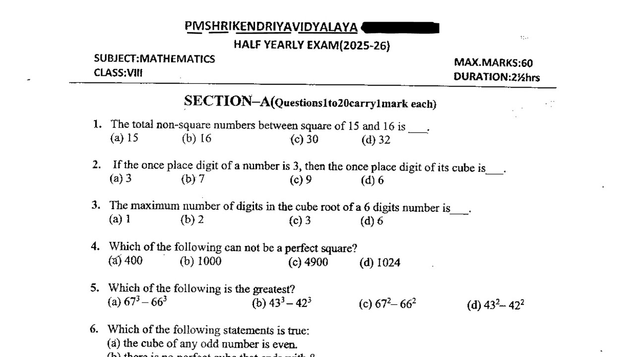 Class-8 Maths / Half Yearly Exam 2025-2026 Question Paper Term-1 PM SHRI Kendriya Vidyalaya 