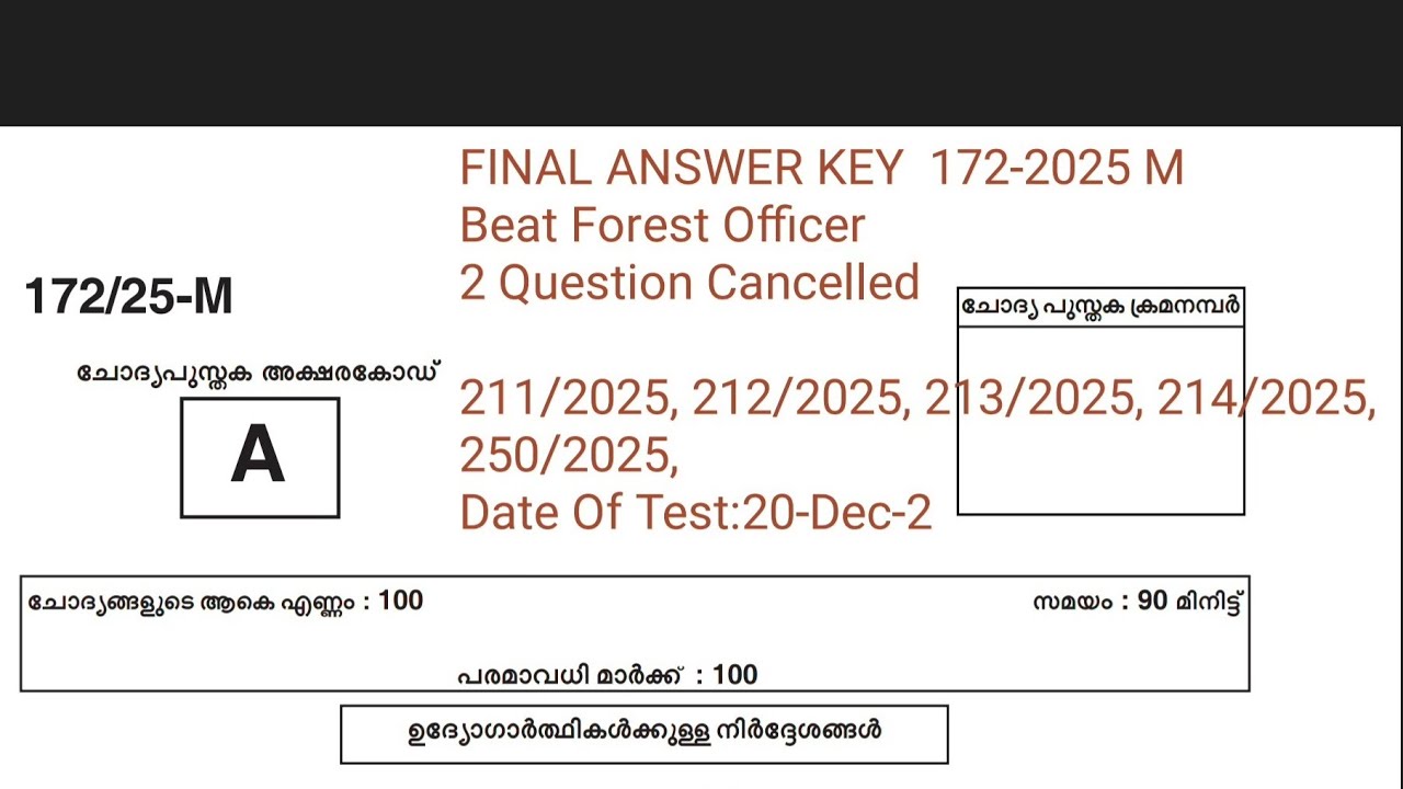 172-2025  Beat Forest Officer 211/2025, 212/2025, 213/2025, 214/2025, 250/2025 FINAL ANSWER KEY 