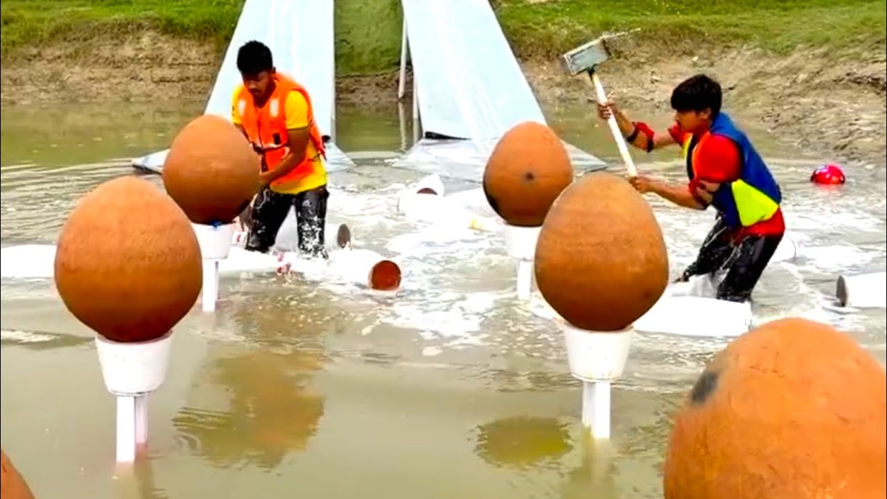 The fight between two young men of the village in funny game of bursting balloons has become great