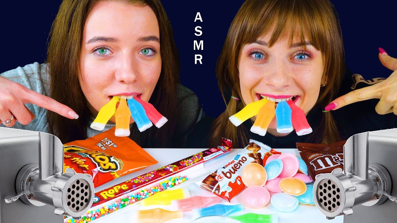 ASMR NERDS ROPE, HOT CHEETOS, UFO CANDY (REAL FOOD VS MEAT GRINDER) EATING SOUNDS LILIBU