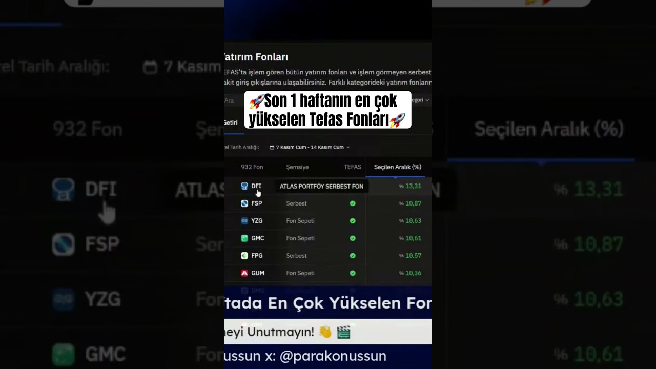 🚀 Son 1 Haftanın En Çok Yükselen TEFAS Fonları: DFI, FSP, YZG, GMG, FPG! 🚀