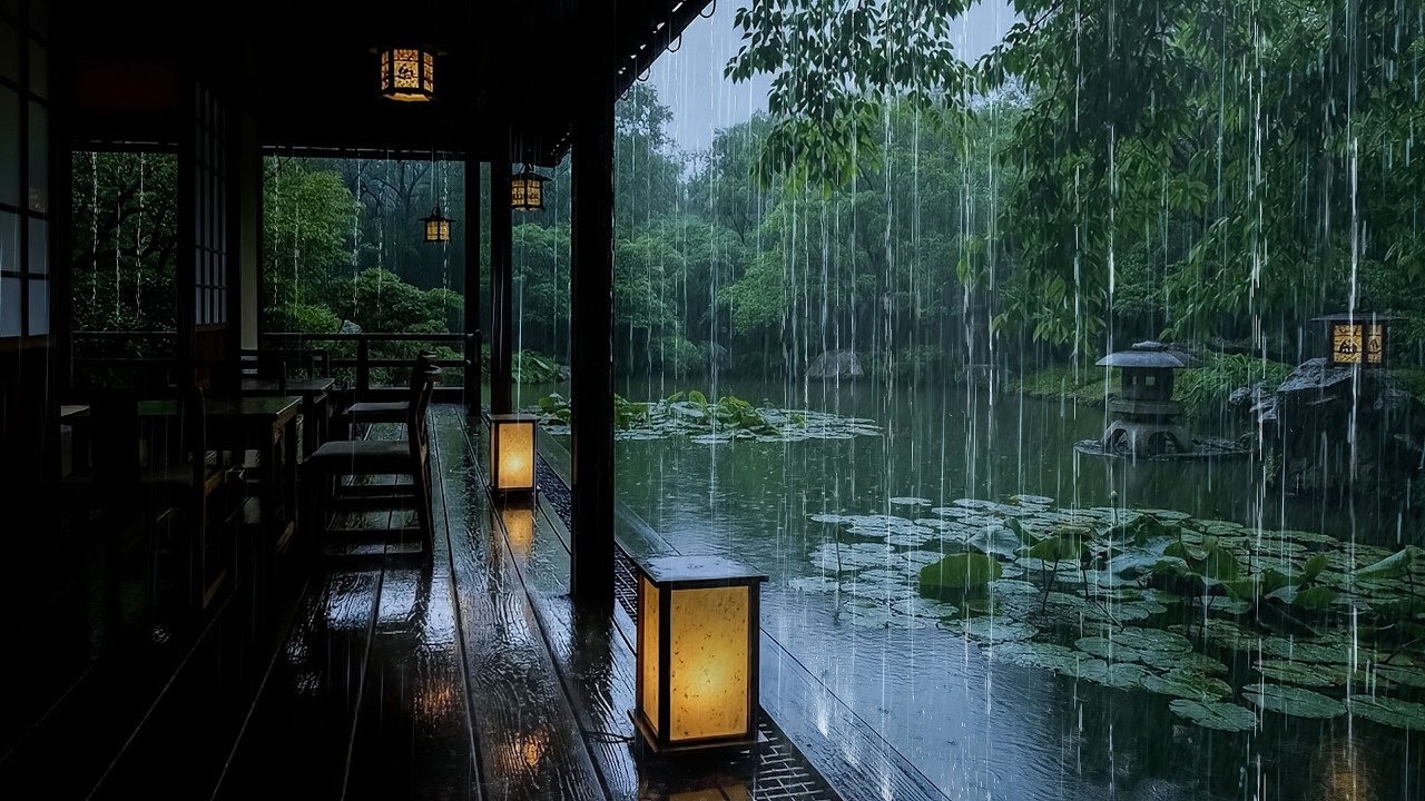 🌧️ Forest Rainstorm on Cabin Porch by Garden Pond | Heavy Rain Forest to Deep, Restful Sleep