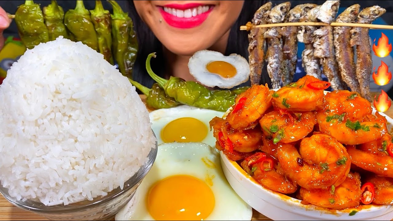 ASMR CHILI SHRIMPS, SARDINE FRY, EGGS, GRILLED PEPPERS, RICE MASSIVE Eating Sounds