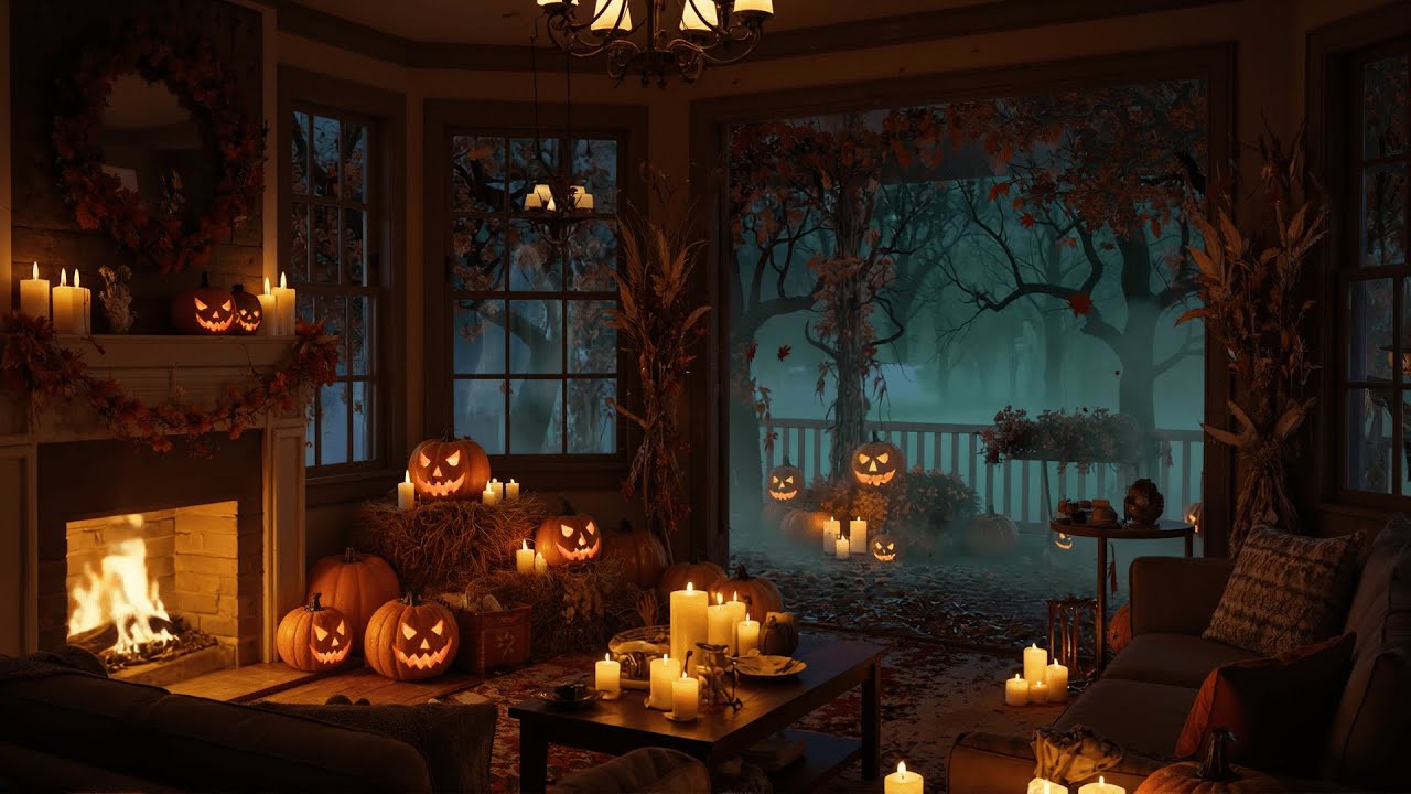 Cozy Halloween Balcony Ambience | Crackling Fireplace, Jack O&rsquo;Lanterns, Winds & Foggy Forest Night