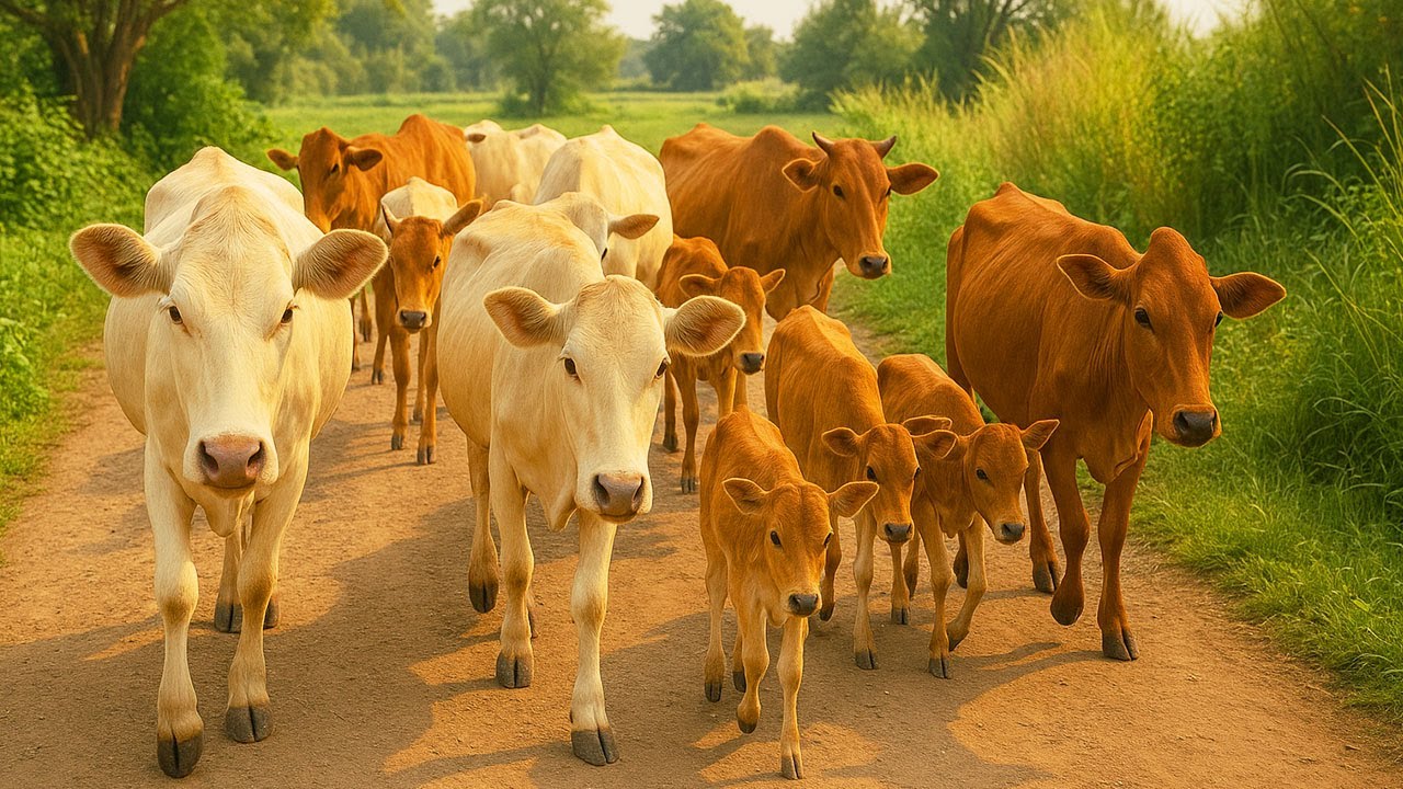 Kerumunan sapi lembu Ternak Beramai-ramai Berjalan Menuju ladang hijau, Suara Sapi Moo, Sapi Lucu