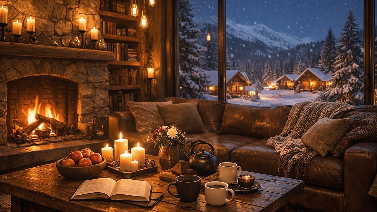 Cozy Winter Cabin at Night ❄️🔥 Fireplace Ambience & Relaxing Music  Snowy Alpine Village View#66