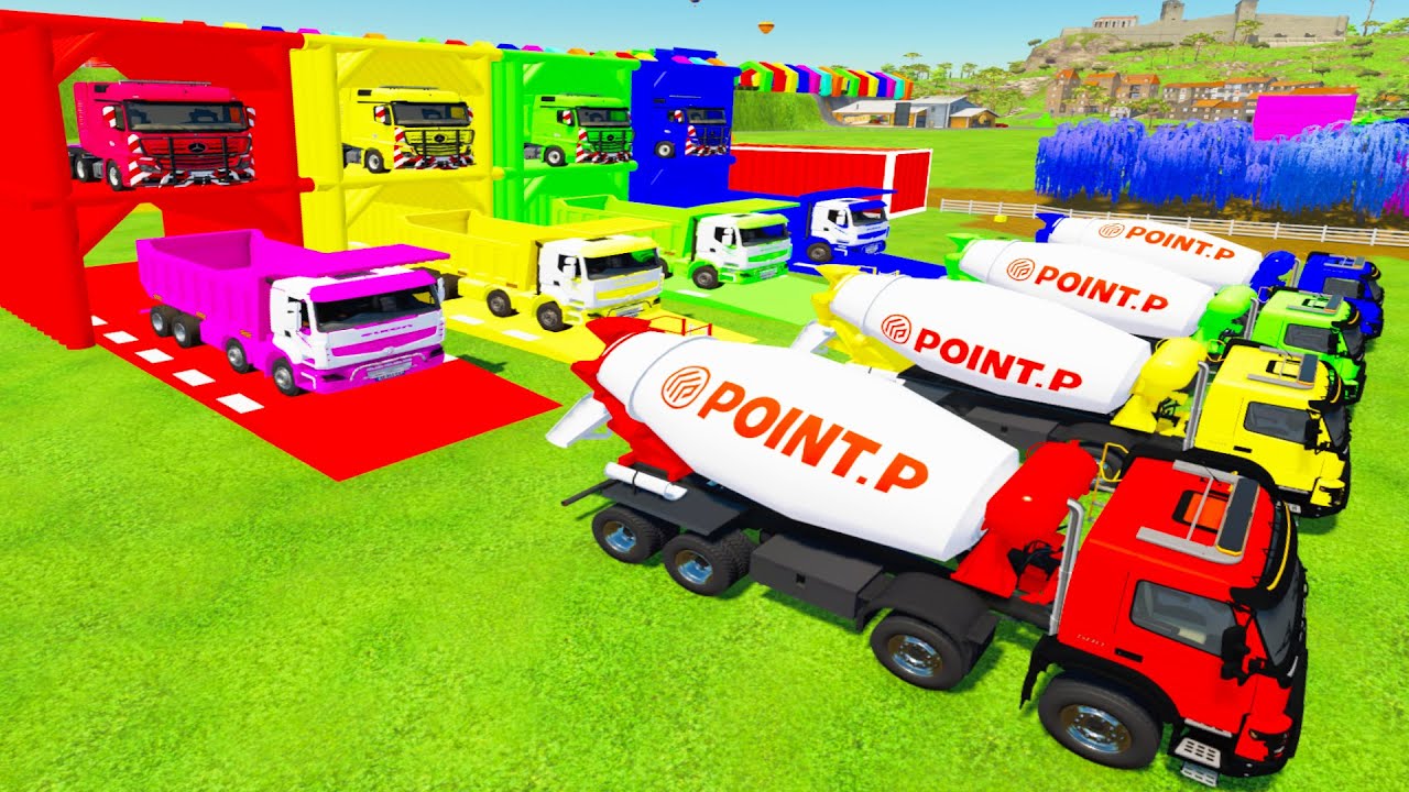 Colorful trucks - ALL COLORED POINT P MIXER TRUCK, RENAULT TIPPER TRUCK TRANSPORTING WITH TRUCK
