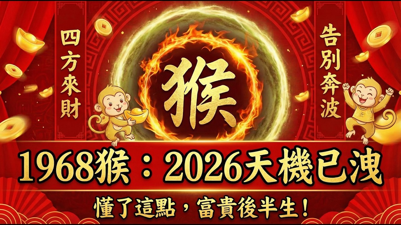 1968年屬猴人，2026年『驛馬』真相：四方來財還是奔波勞碌？關鍵在於這一舉動！再不看就晚了！#1968年屬猴 #2026屬猴運勢 #生肖猴2026運勢 #1968年生肖猴 #丙午馬年 #生肖猴