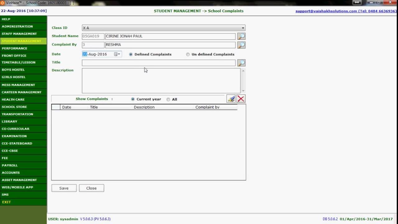 How to Record Complaints about a Student  in VinHaze school management systemm (English)