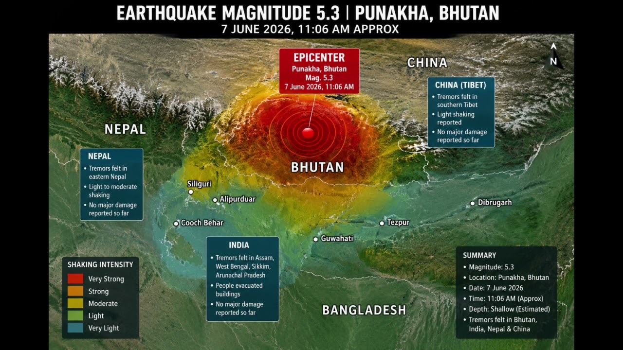 Earthquake Magnitude 5.3 | Punakha Bhutan | 7 June 2026, 11:06 Approx..effect in India, Nepal, China