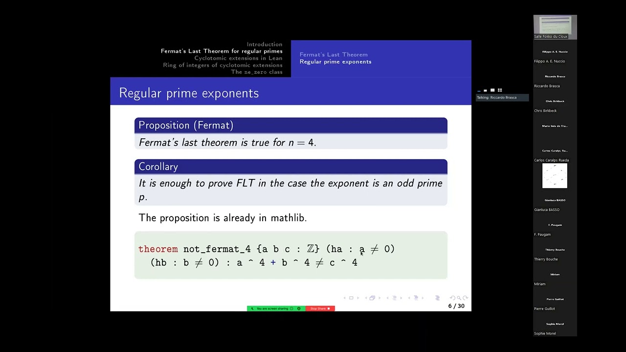 Fermat's Last Theorem for regular primes - Riccardo Brasca - Lean in Lyon 2022