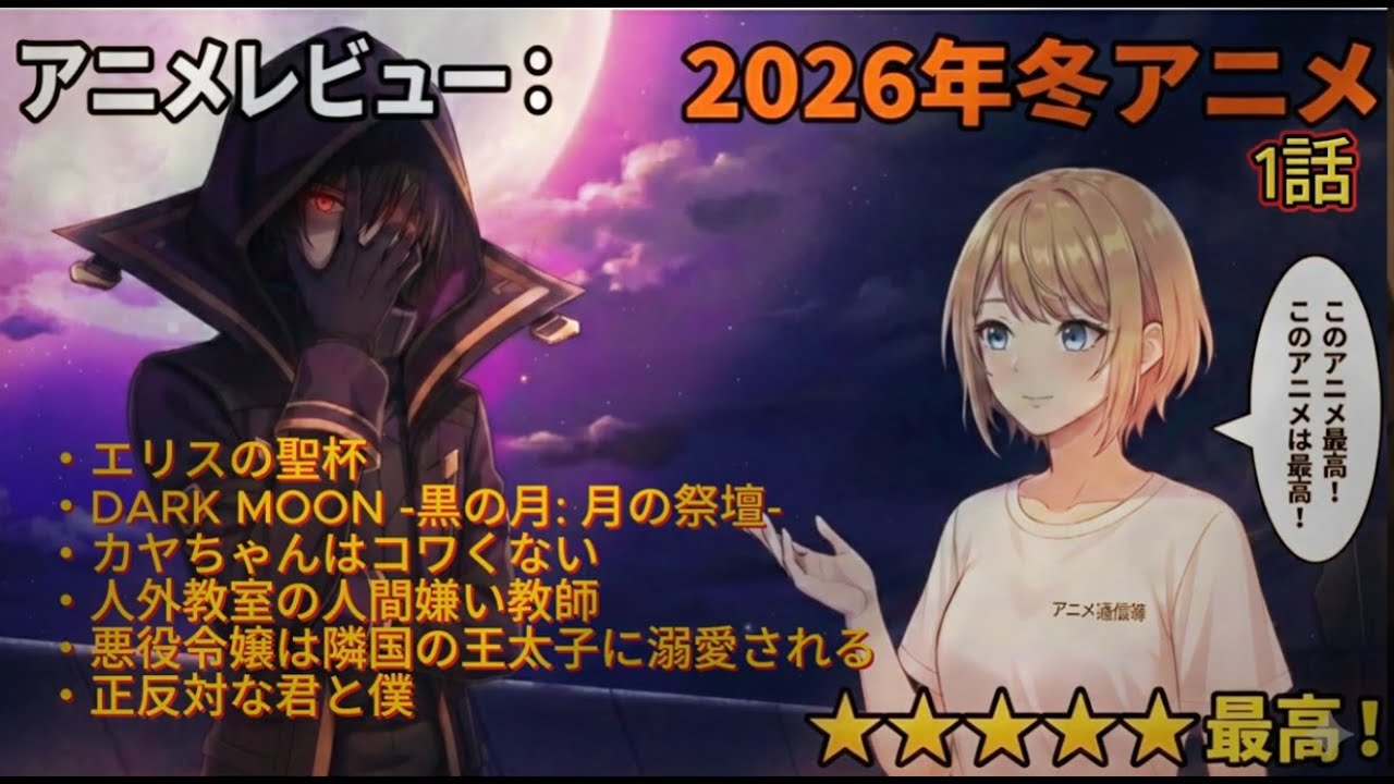 2026年 冬アニメレビュー 9弾/エリスの聖杯/DARK MOON/カヤちゃんはコワくない/人外教室の人間嫌い教師/悪役令嬢は隣国の王太子に溺愛される/正反対な君と僕