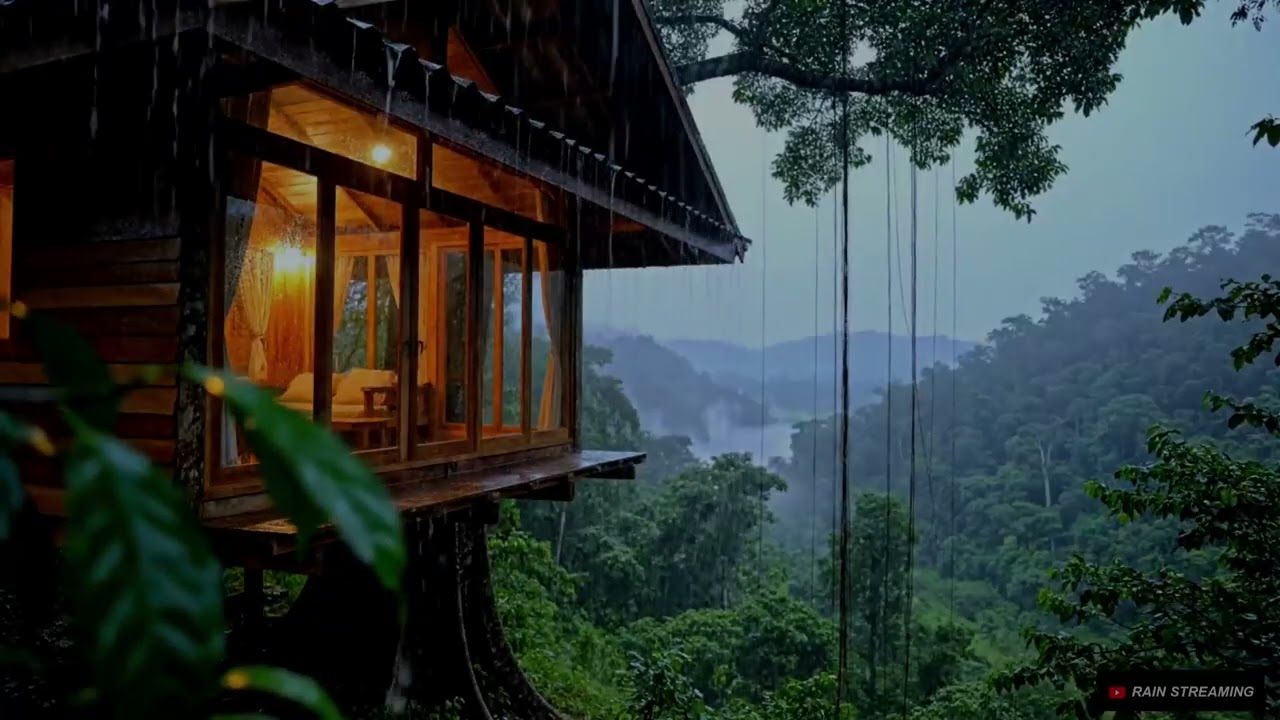 Cozy Cabin Rain in the Mountains 🌧️ Warm Light & Jungle Ambience for Deep Sleep